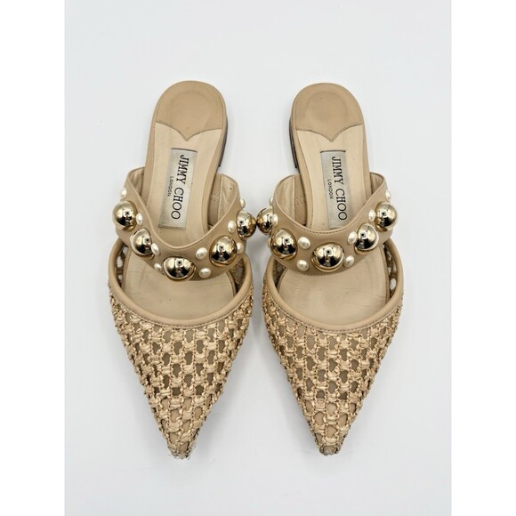 Jimmy Choo Basette Flats Beige/Nude Raffia w/ Gold Metal Embellishments Sz EU 36 - Picture 1 of 9